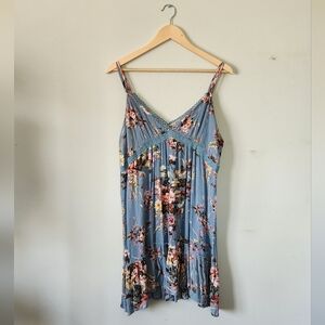 Umgee Blue Floral Lace-Trim Dress Med